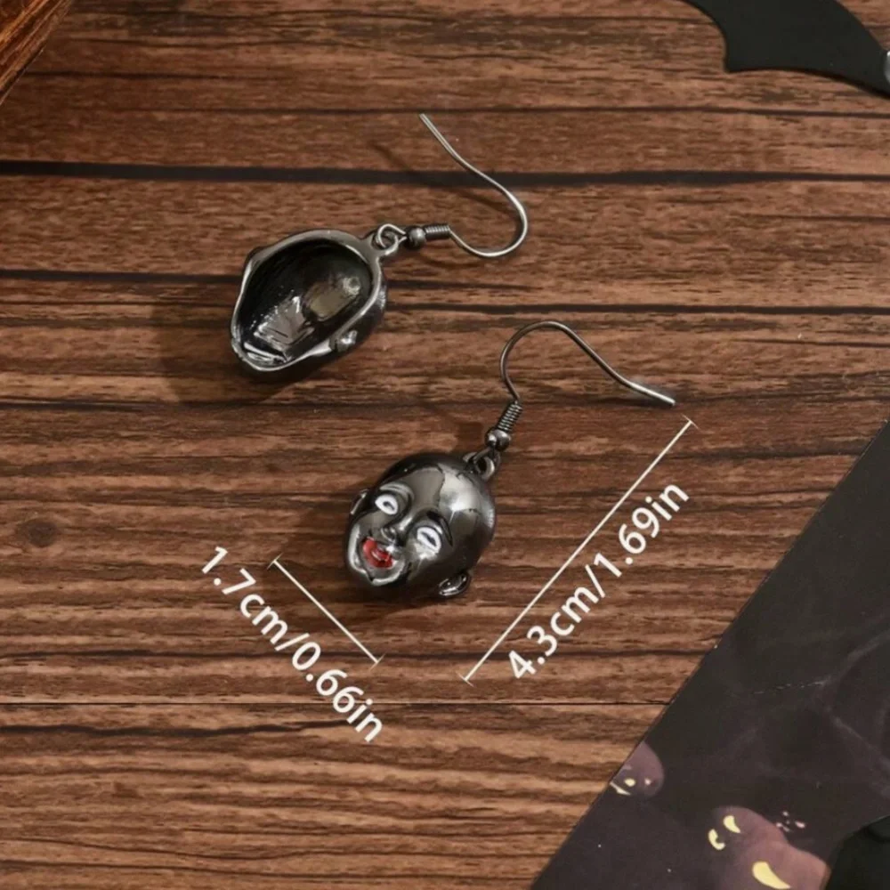 Gunmetal Doll Face Drop Earrings - Picture 6 of 7